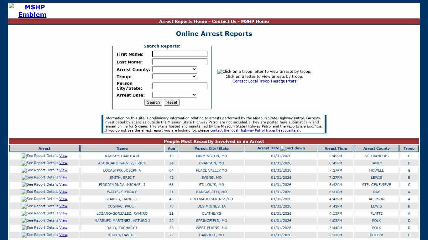 Missouri State Highway Patrol - Arrest Reports